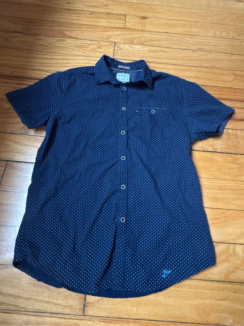 Navy Blue Polka Dot Button Up Shirt Men’s Short Sleeve Preppy Workwear Nautical
